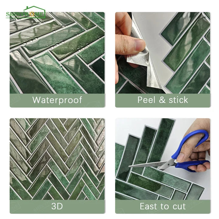Serenity Herringbone Short 3D Tile Decals - Dark Green