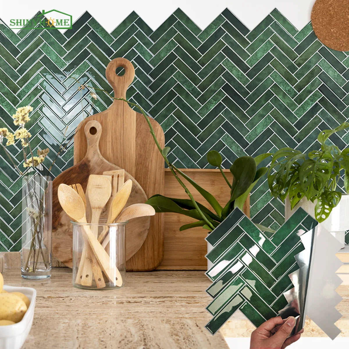 Serenity Herringbone Short 3D Tile Decals - Dark Green