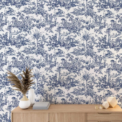 French Country Toile Wallpaper - Blue