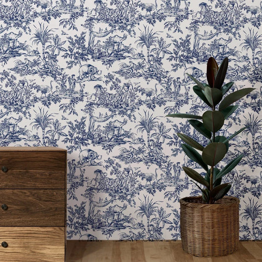 French Country Toile Wallpaper - Blue