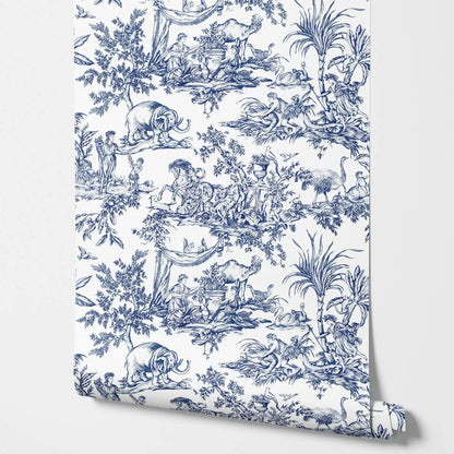 French Country Toile Wallpaper - Blue