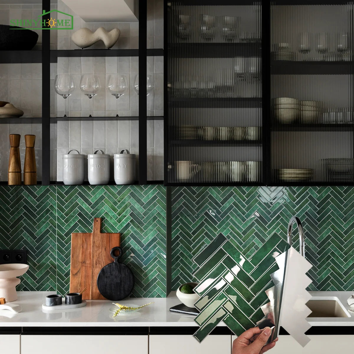 Serenity Herringbone Short 3D Tile Decals - Dark Green