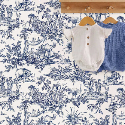 French Country Toile Wallpaper - Blue